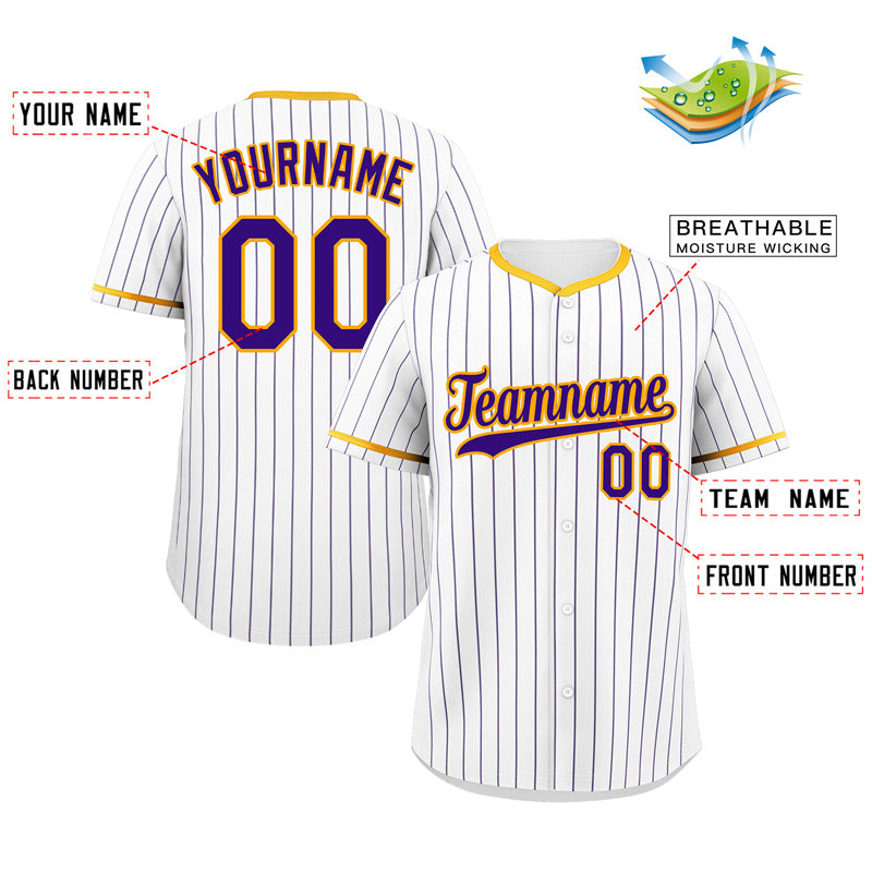 Benutzerdefinierte Weiß Lila-Gold Haken Streifen Mode Authentische Baseball Jersey