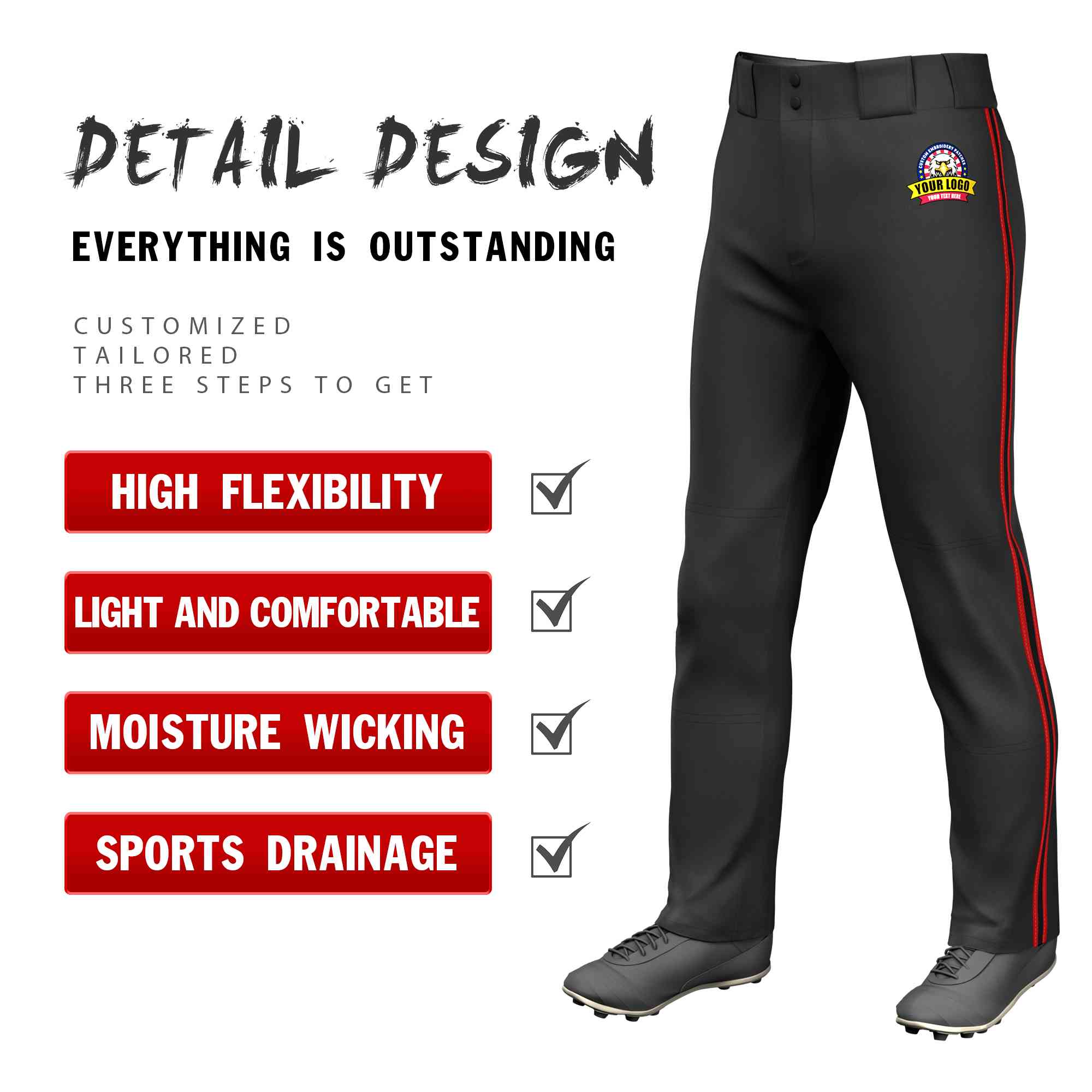 Custom Black Red Black-Red Classic Fit Stretch Practice Loose-fit Baseball Pants