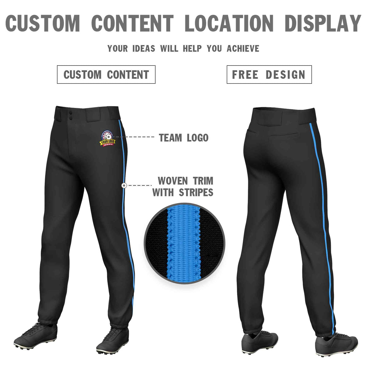 Custom Black Powder Blue Classic Fit Stretch Practice Pull-up Baseball Pants