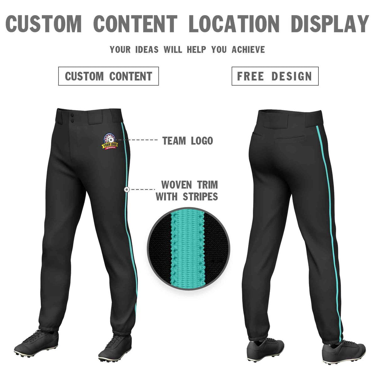 Custom Black Aqua Classic Fit Stretch Practice Pull-up Baseball Pants