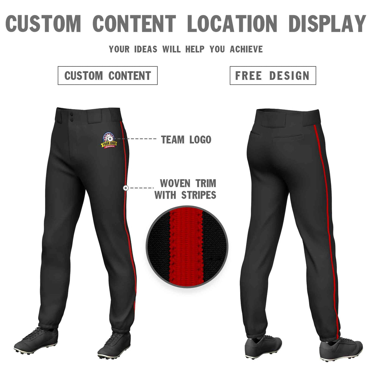 Custom Black Red Classic Fit Stretch Practice Pull-up Baseball Pants