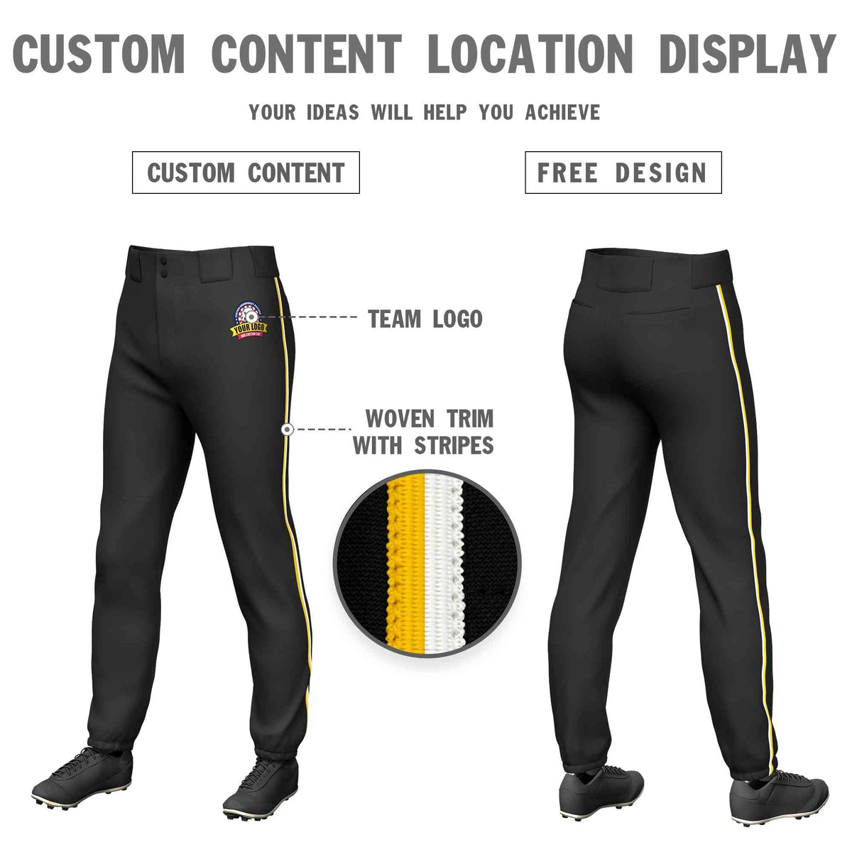 Custom Black Gold-White Classic Fit Stretch Practice Pull-up Baseball Pants