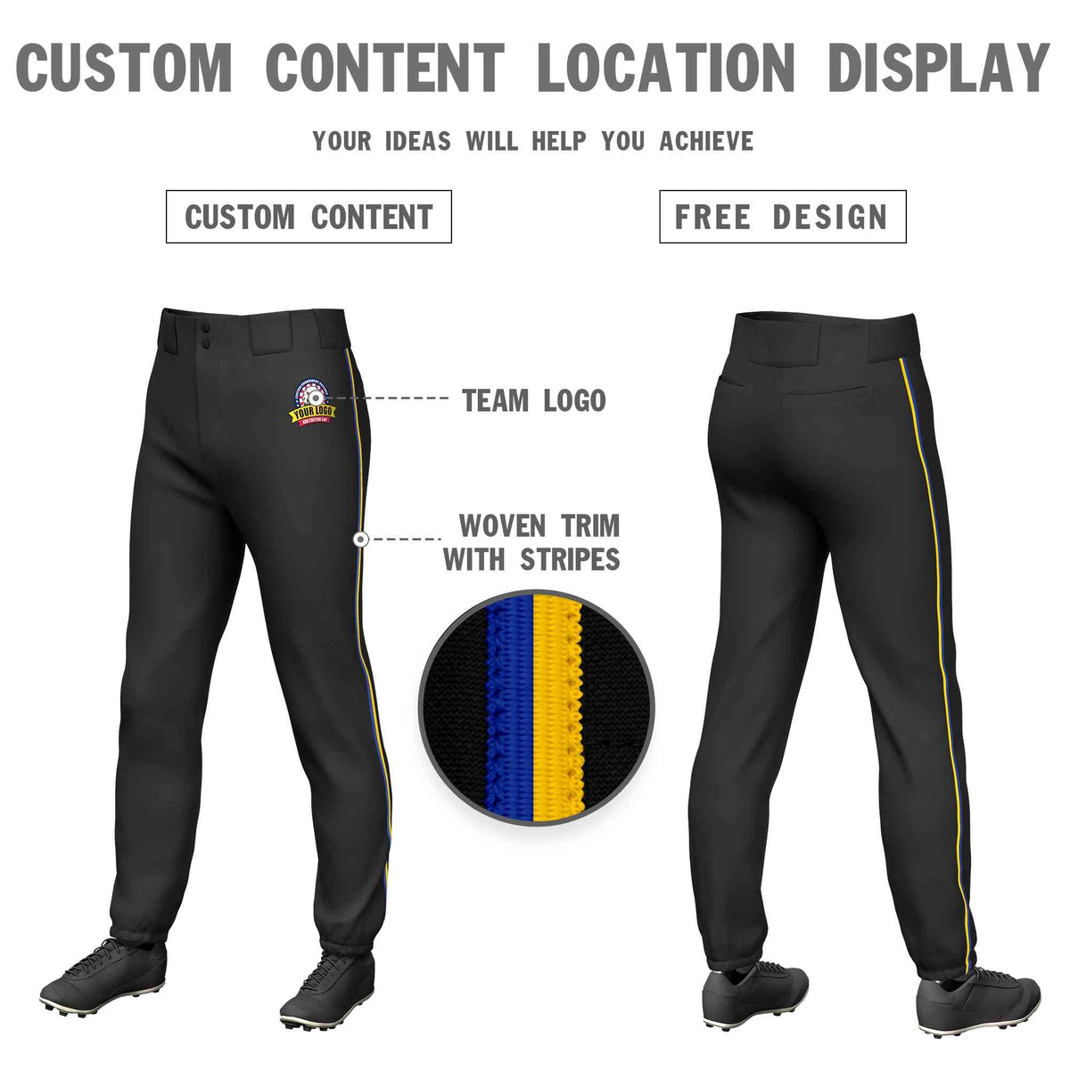 Custom Black Royal-Gold Classic Fit Stretch Practice Pull-up Baseball Pants