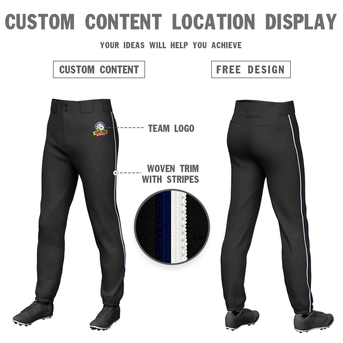 Custom Black Navy-White Classic Fit Stretch Practice Pull-up Baseball Pants