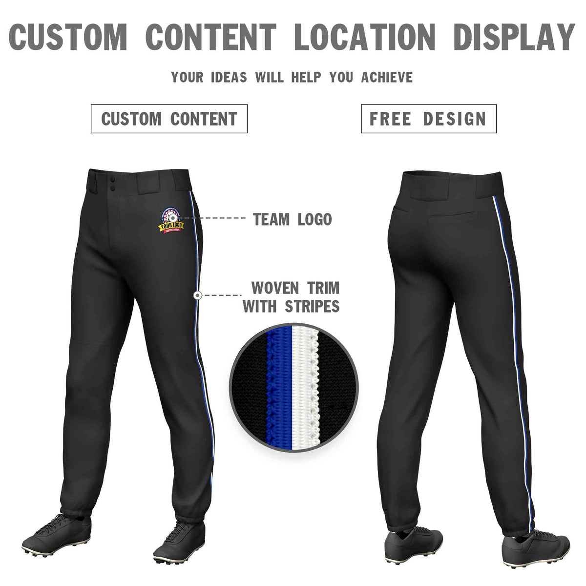 Custom Black Royal-White Classic Fit Stretch Practice Pull-up Baseball Pants