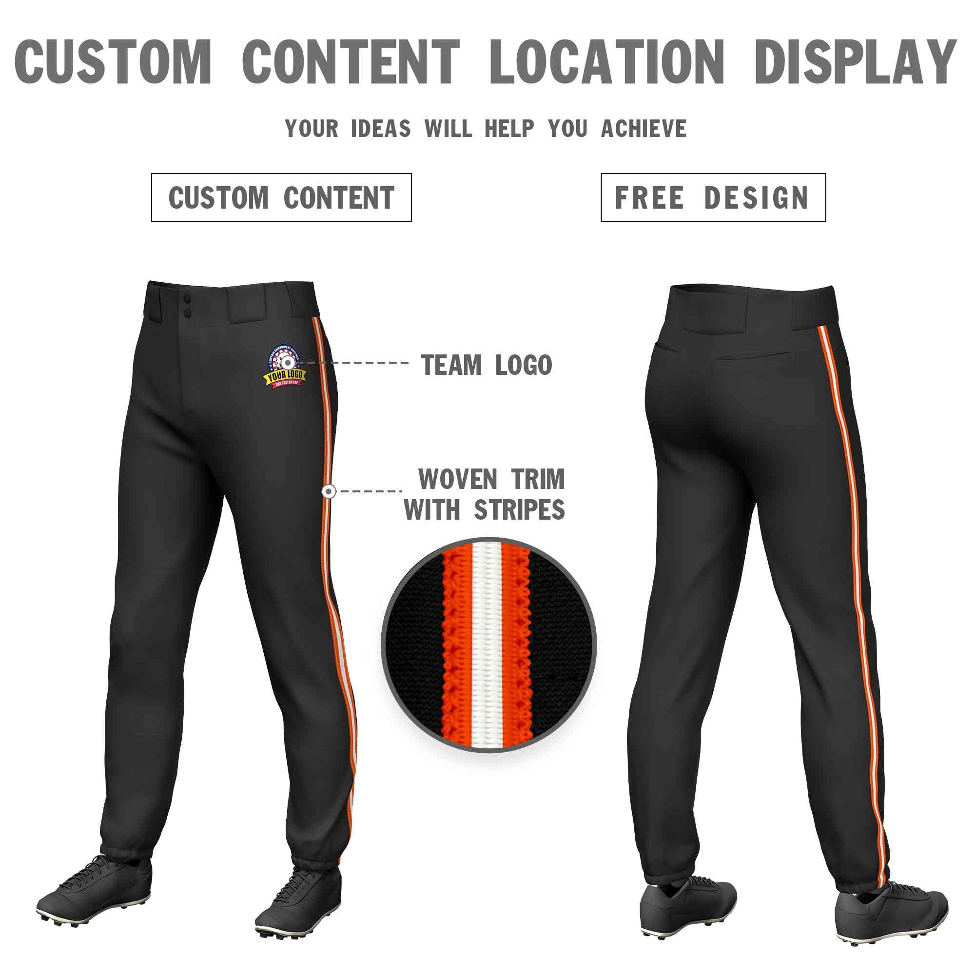 Custom Black Orange White-Orange Classic Fit Stretch Practice Pull-up Baseball Pants