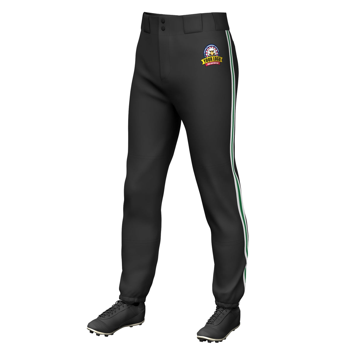 Custom Black White Kelly Green-White Classic Fit Stretch Practice Pull-up Baseball Pants