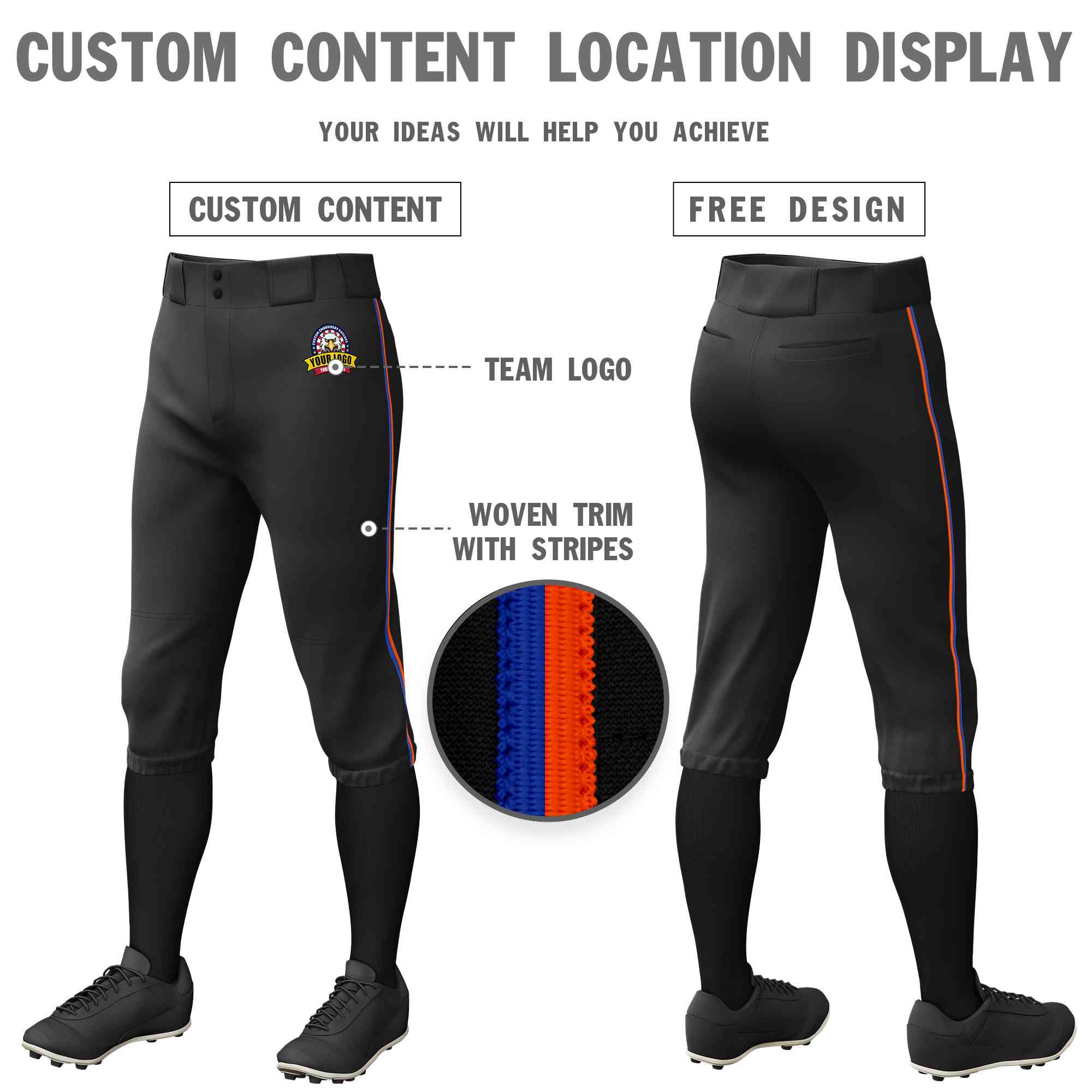 Custom Black Royal-Orange Classic Fit Stretch Practice Knickers Baseball Pants