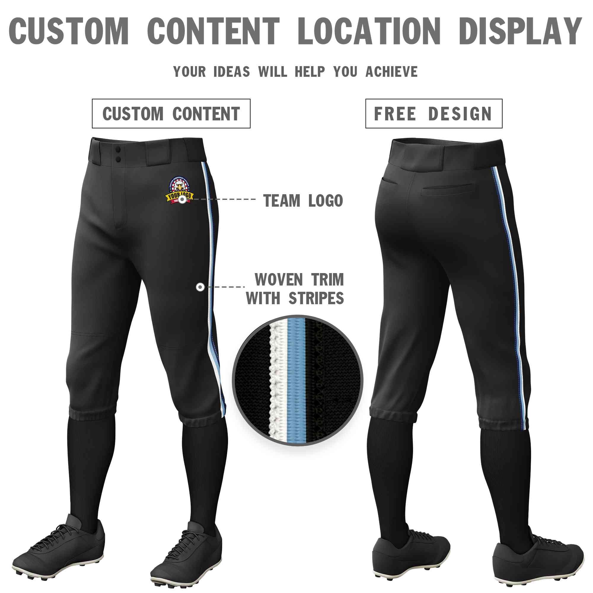 Custom Black White Light Blue-Navy Classic Fit Stretch Practice Knickers Baseball Pants