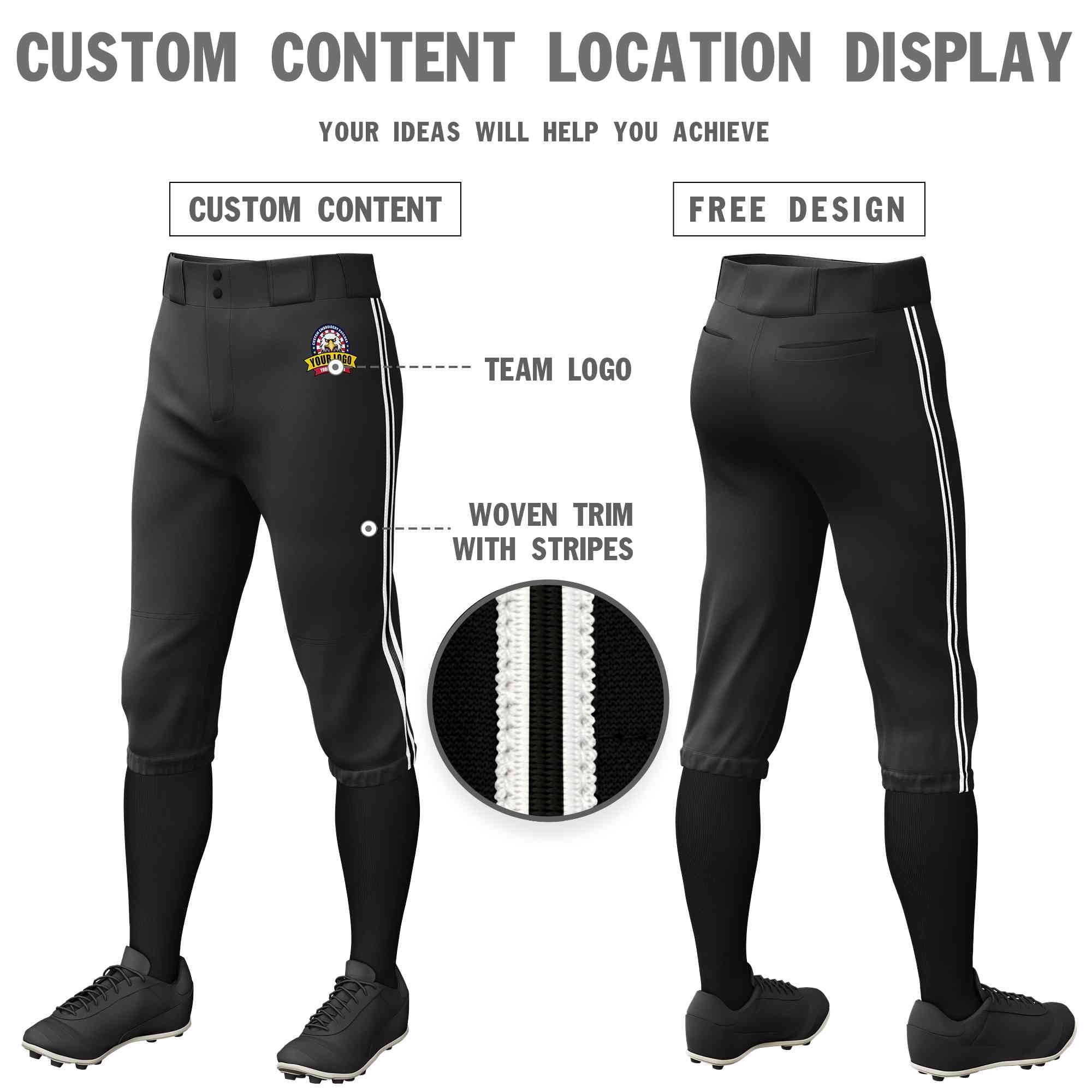 Custom Black White Black-White Classic Fit Stretch Practice Knickers Baseball Pants