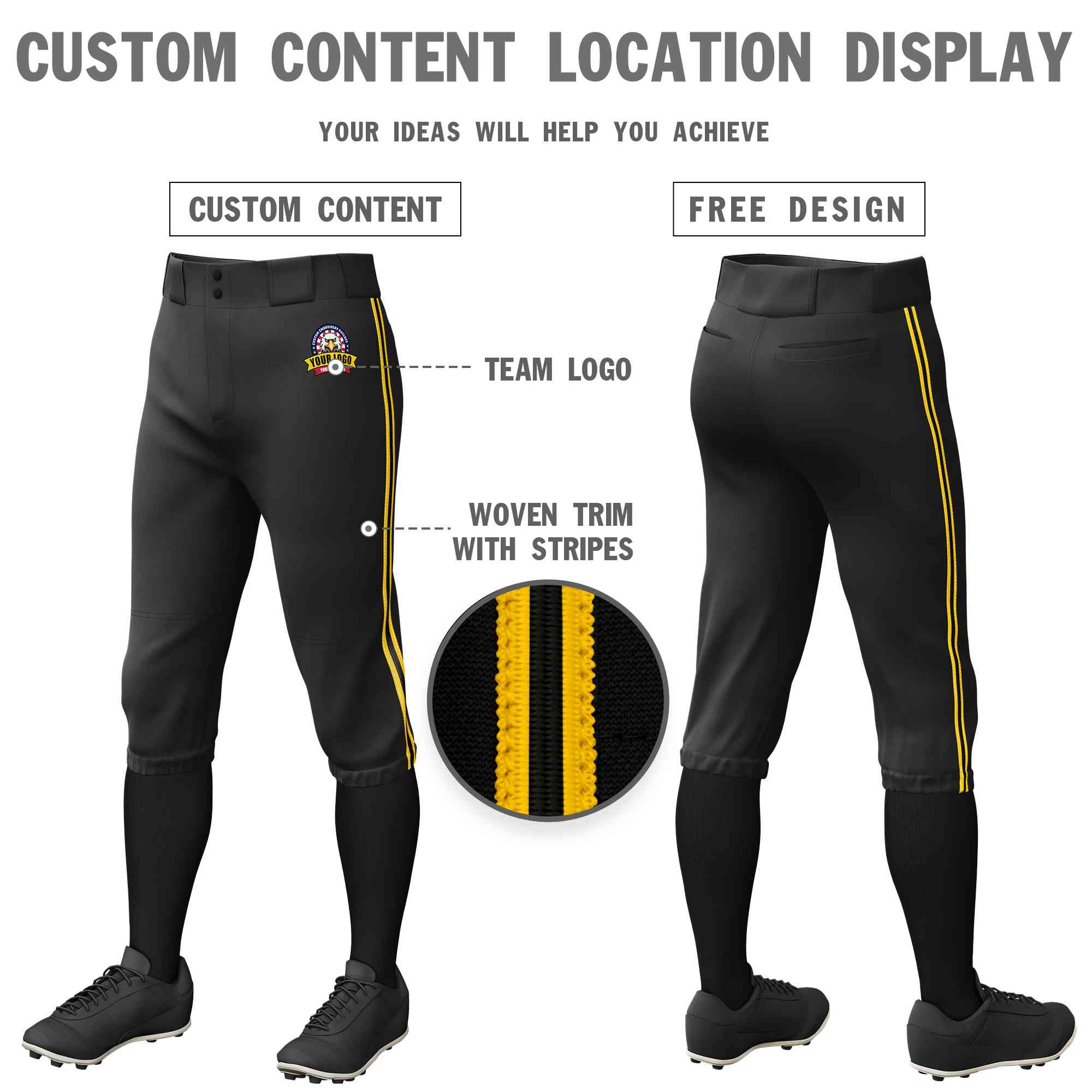 Custom Black Gold Classic Fit Stretch Practice Knickers Baseball Pants