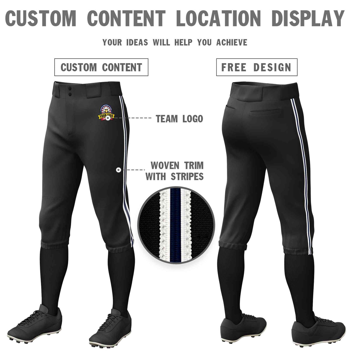 Custom Black White Navy-White Classic Fit Stretch Practice Knickers Baseball Pants