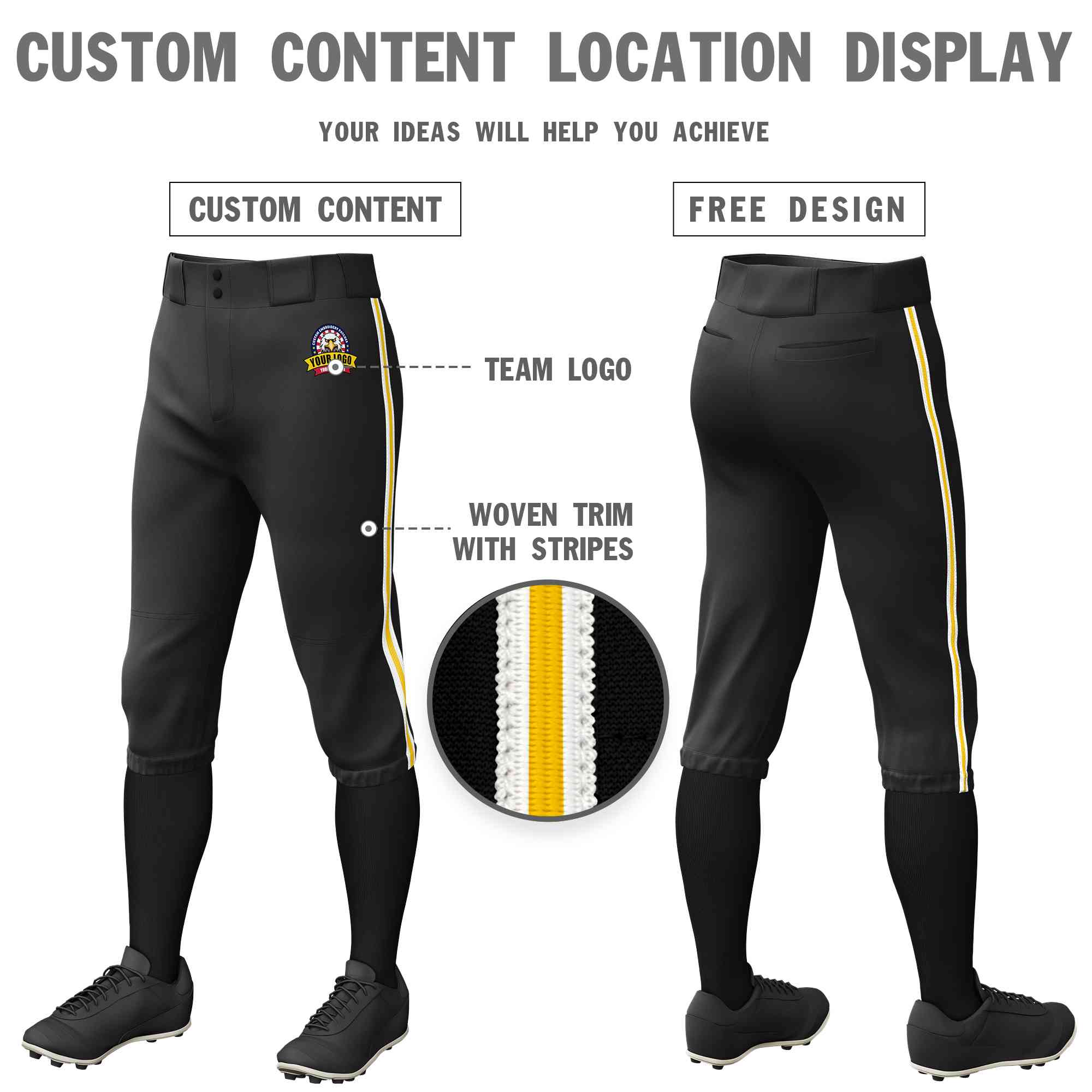 Custom Black White Gold-White Classic Fit Stretch Practice Knickers Baseball Pants