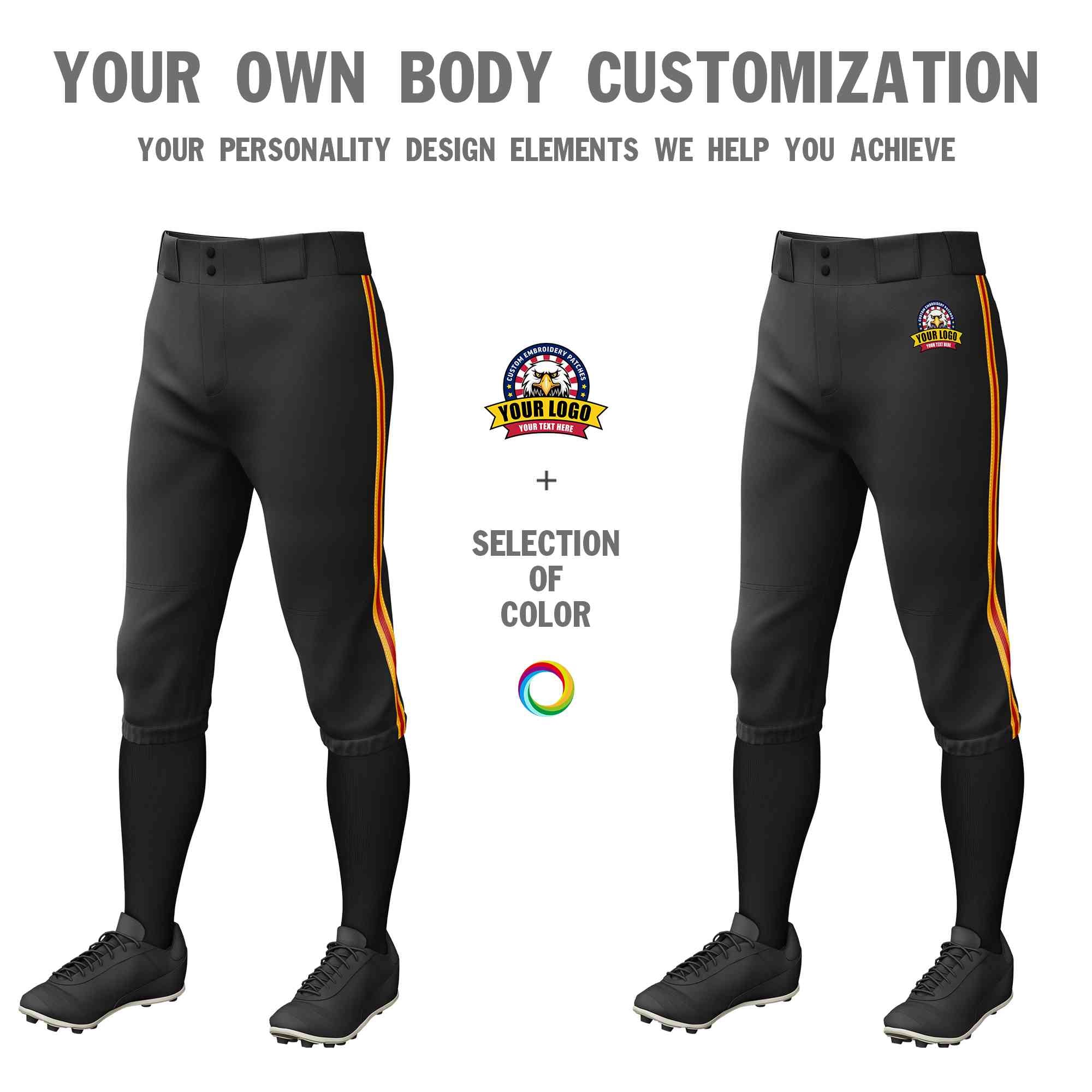 Custom Black Yellow Red-Yellow Classic Fit Stretch Practice Knickers Baseball Pants