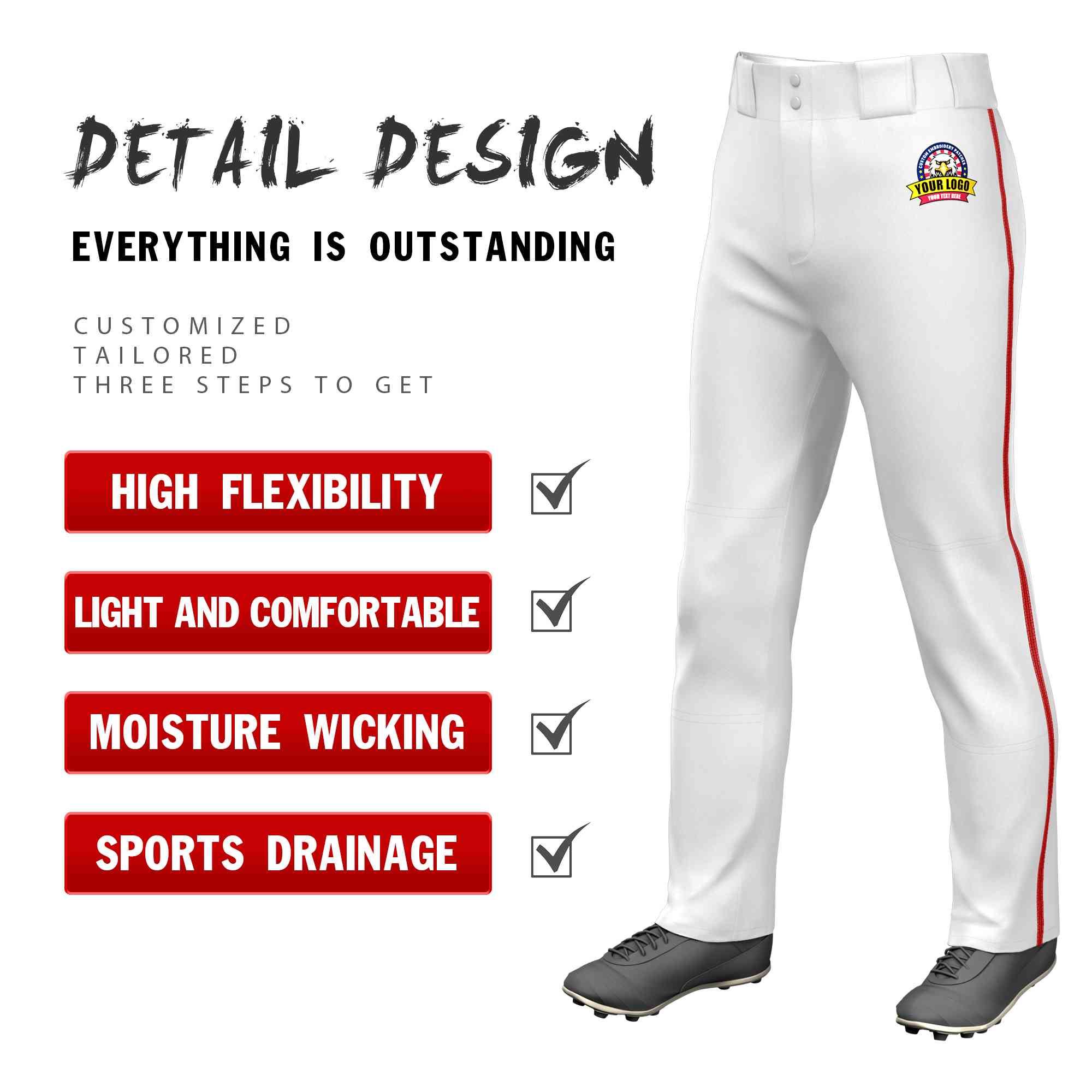 Custom White Red Classic Fit Stretch Practice Loose-fit Baseball Pants
