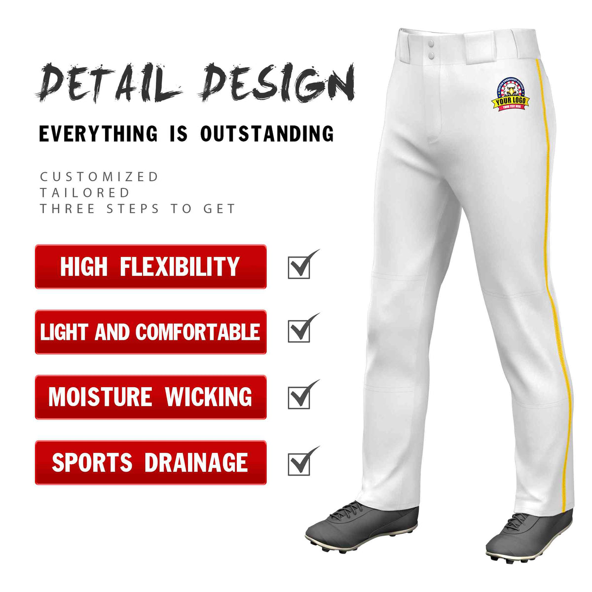 Custom White Gold Classic Fit Stretch Practice Loose-fit Baseball Pants