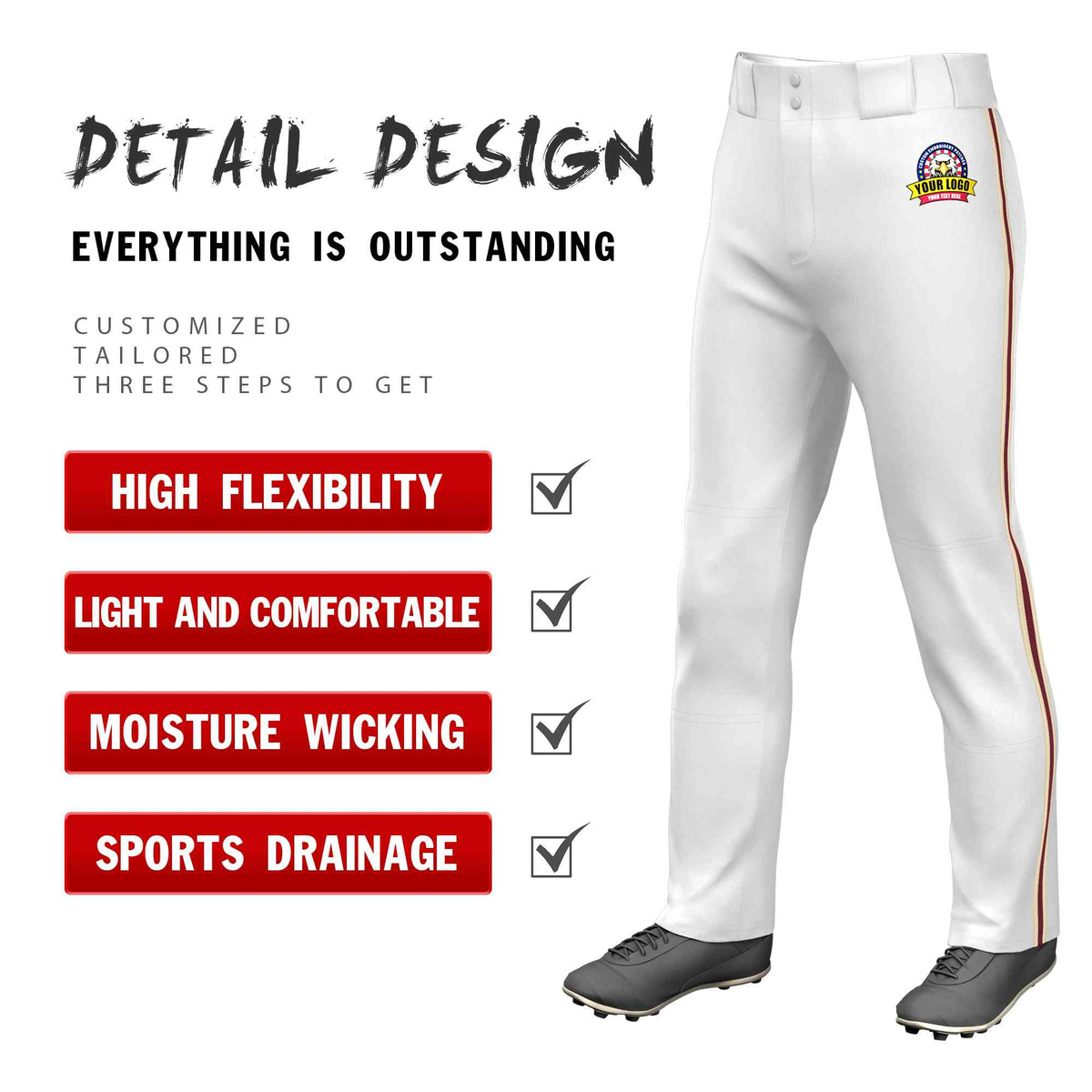 Custom White Khaki Crimson-Khaki Classic Fit Stretch Practice Loose-fit Baseball Pants
