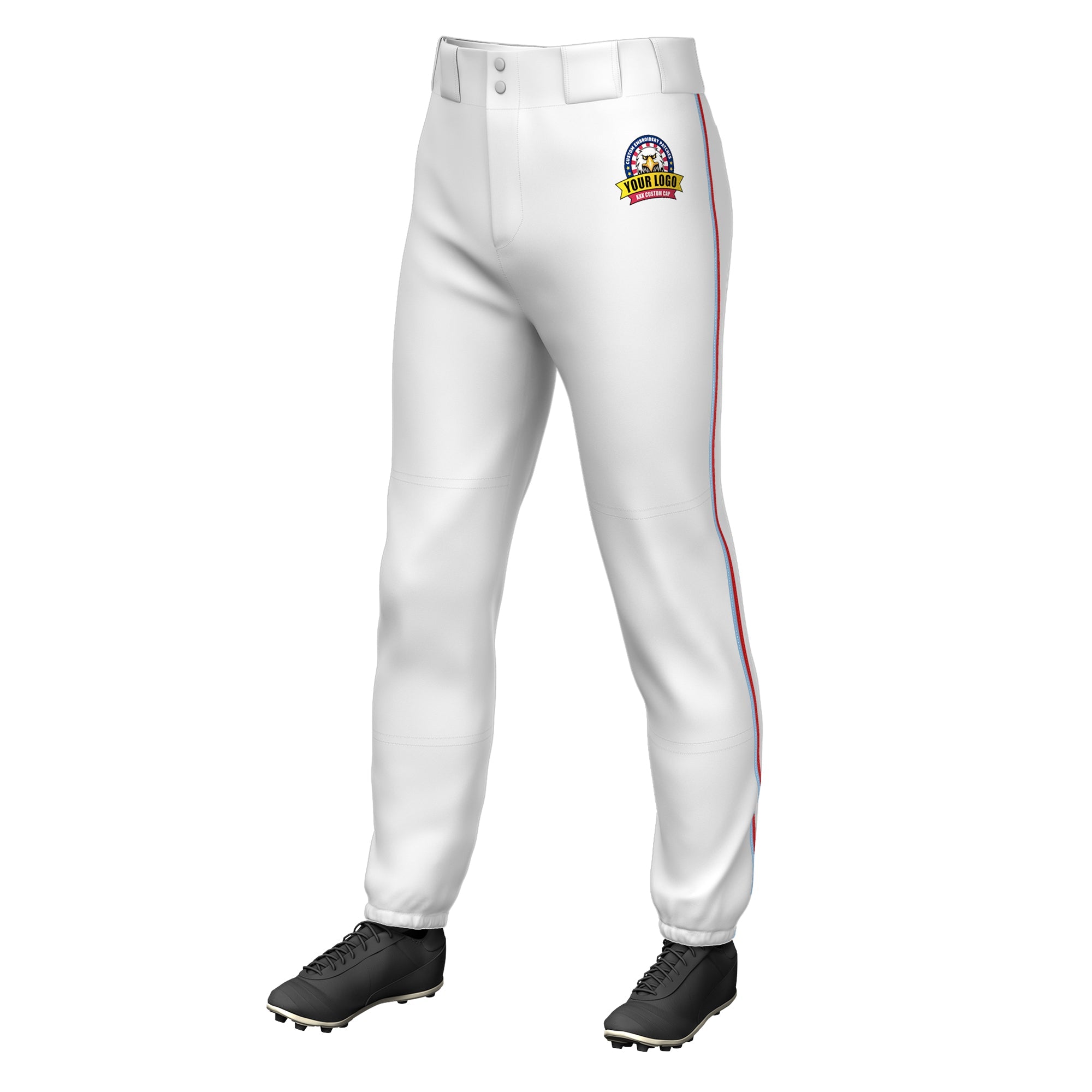 Custom White Light Blue-Red Classic Fit Stretch Practice Pull-up Baseball Pants