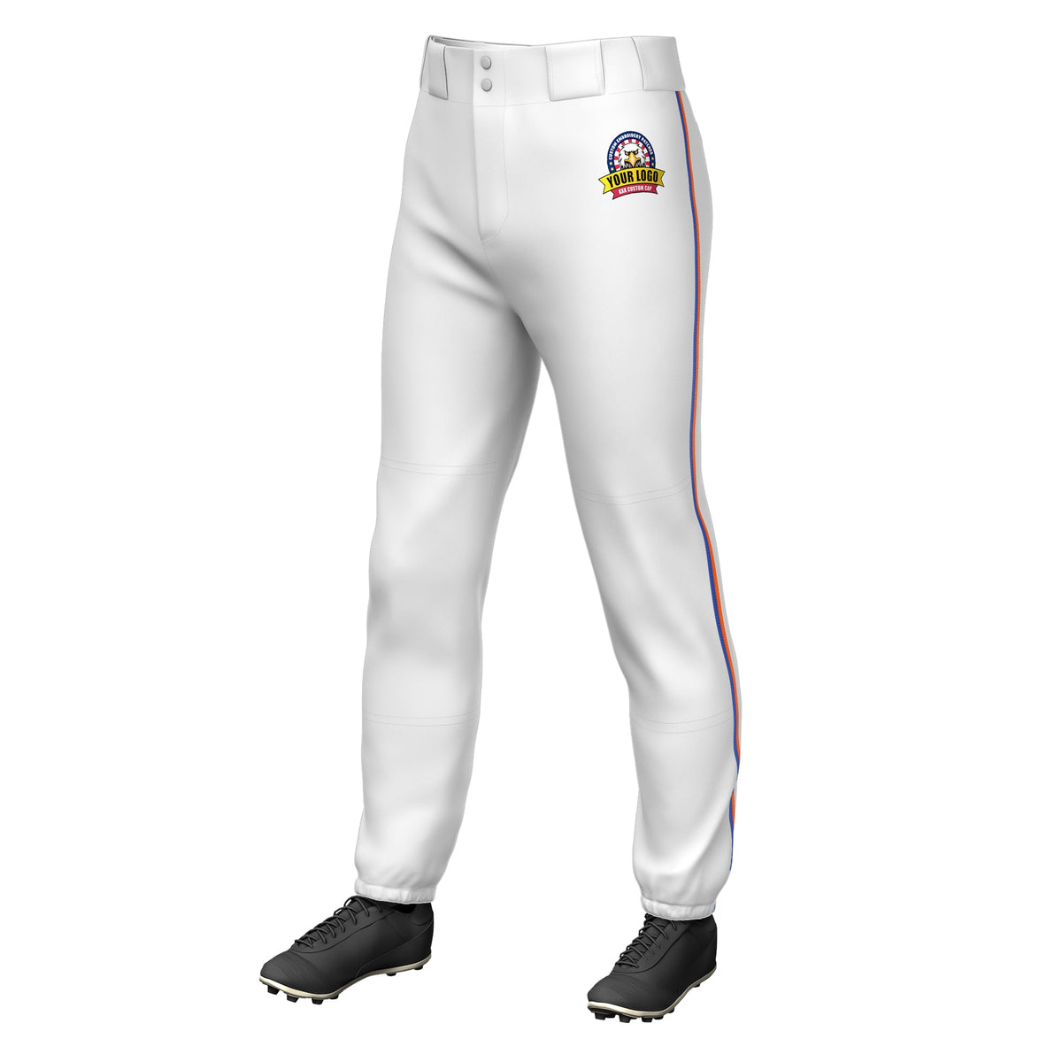Custom White Royal-Orange Classic Fit Stretch Practice Pull-up Baseball Pants