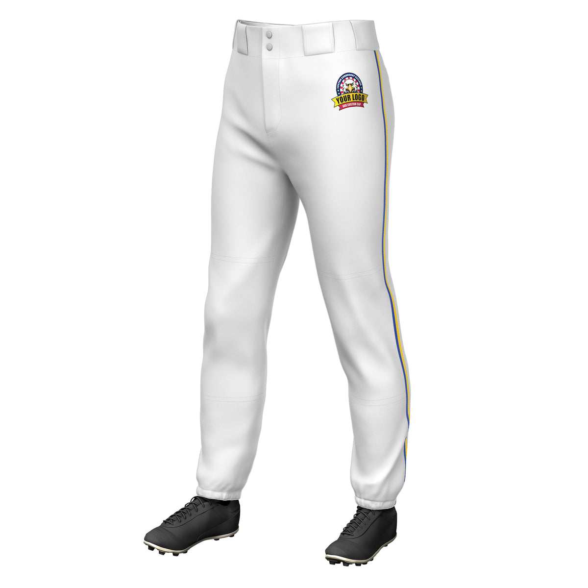 Custom White Royal-Gold Classic Fit Stretch Practice Pull-up Baseball Pants