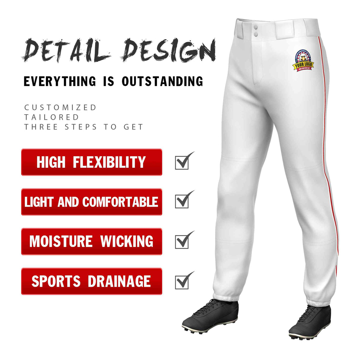 Custom White White-Red Classic Fit Stretch Practice Pull-up Baseball Pants