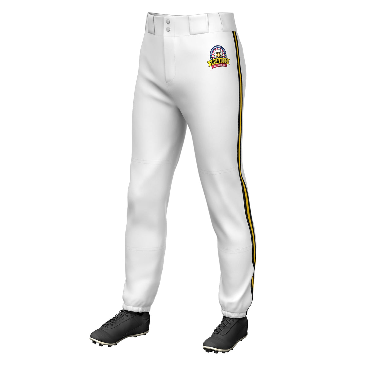 Custom White Black Gold-Black Classic Fit Stretch Practice Pull-up Baseball Pants
