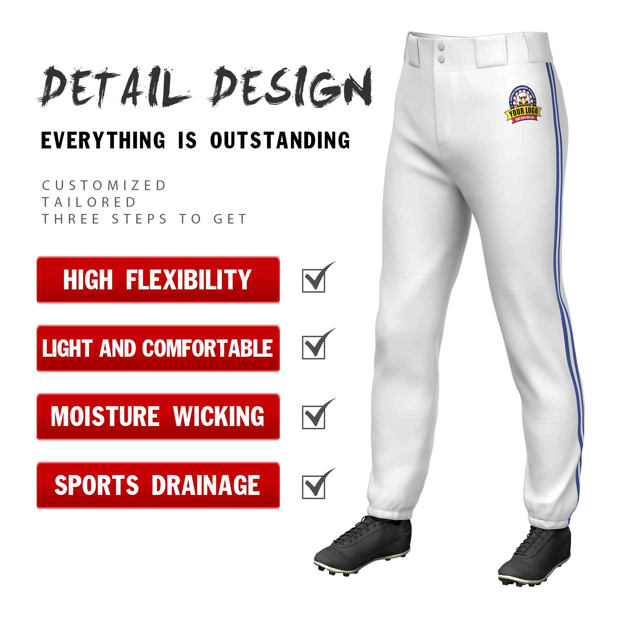 Custom White Royal White-Royal Classic Fit Stretch Practice Pull-up Baseball Pants