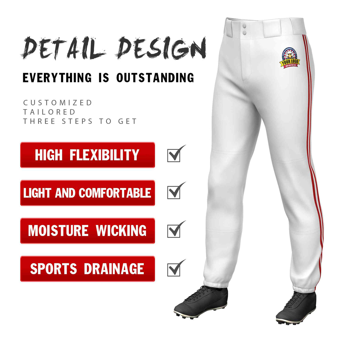 Custom White Red White-Red Classic Fit Stretch Practice Pull-up Baseball Pants