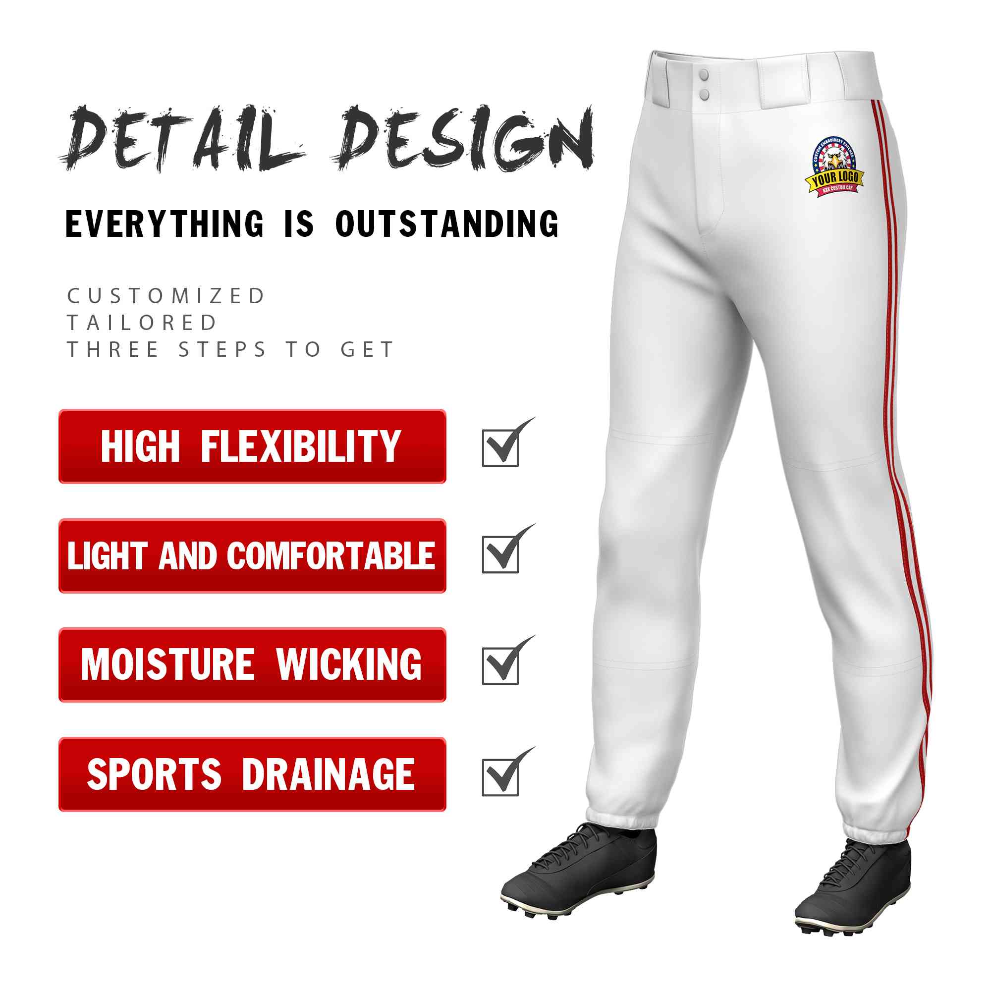 Custom White Red White-Red Classic Fit Stretch Practice Pull-up Baseball Pants
