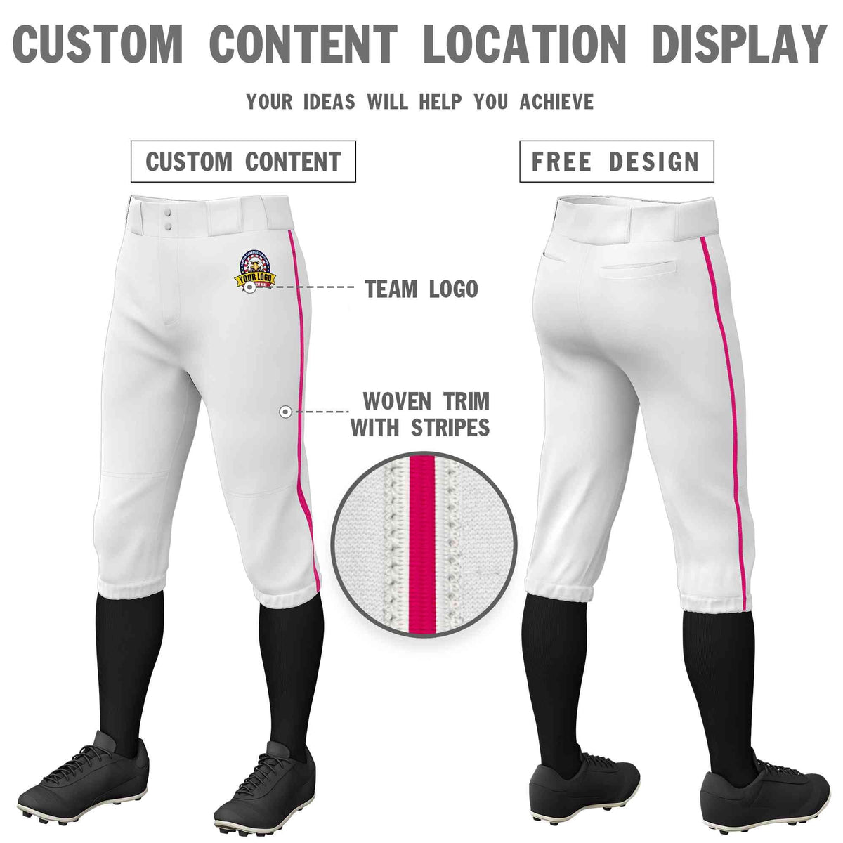 Custom White Pink Classic Fit Stretch Practice Knickers Baseball Pants