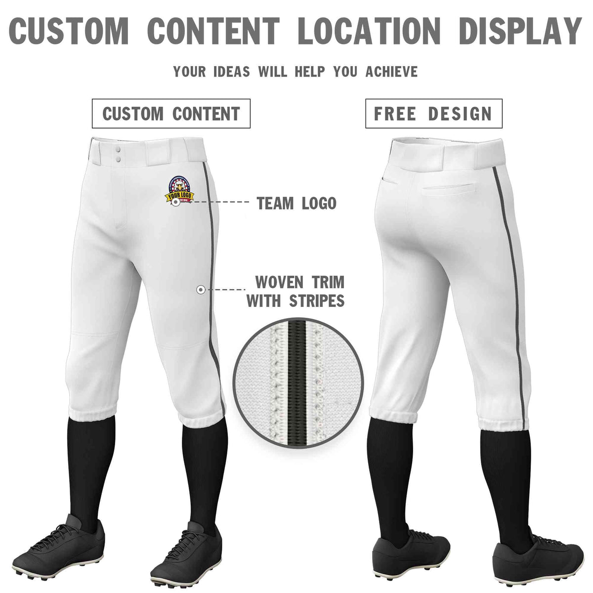Custom White Dark Gray Classic Fit Stretch Practice Knickers Baseball Pants