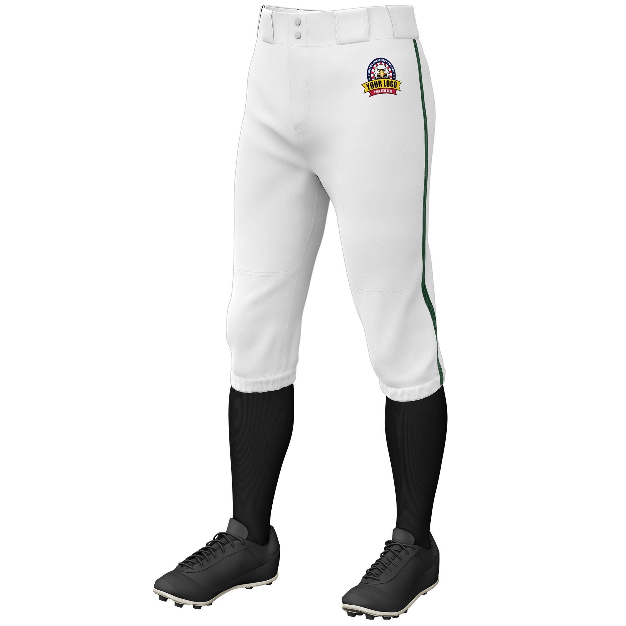 Custom White Green Classic Fit Stretch Practice Knickers Baseball Pants
