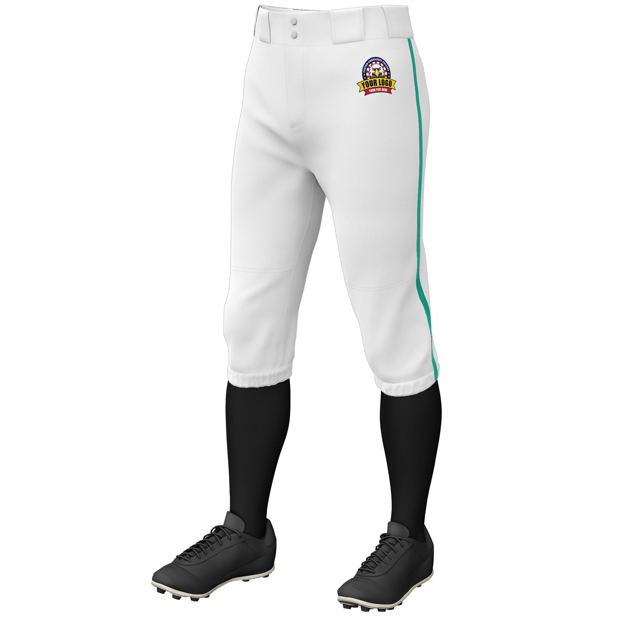 Custom White Teal Classic Fit Stretch Practice Knickers Baseball Pants
