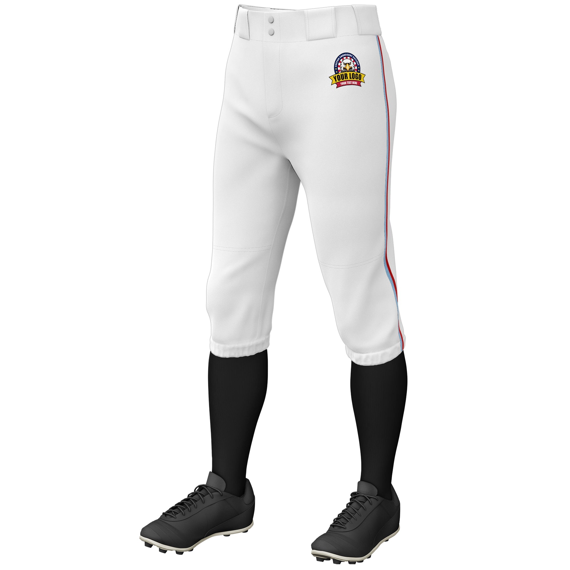 Custom White Light Blue-Red Classic Fit Stretch Practice Knickers Baseball Pants