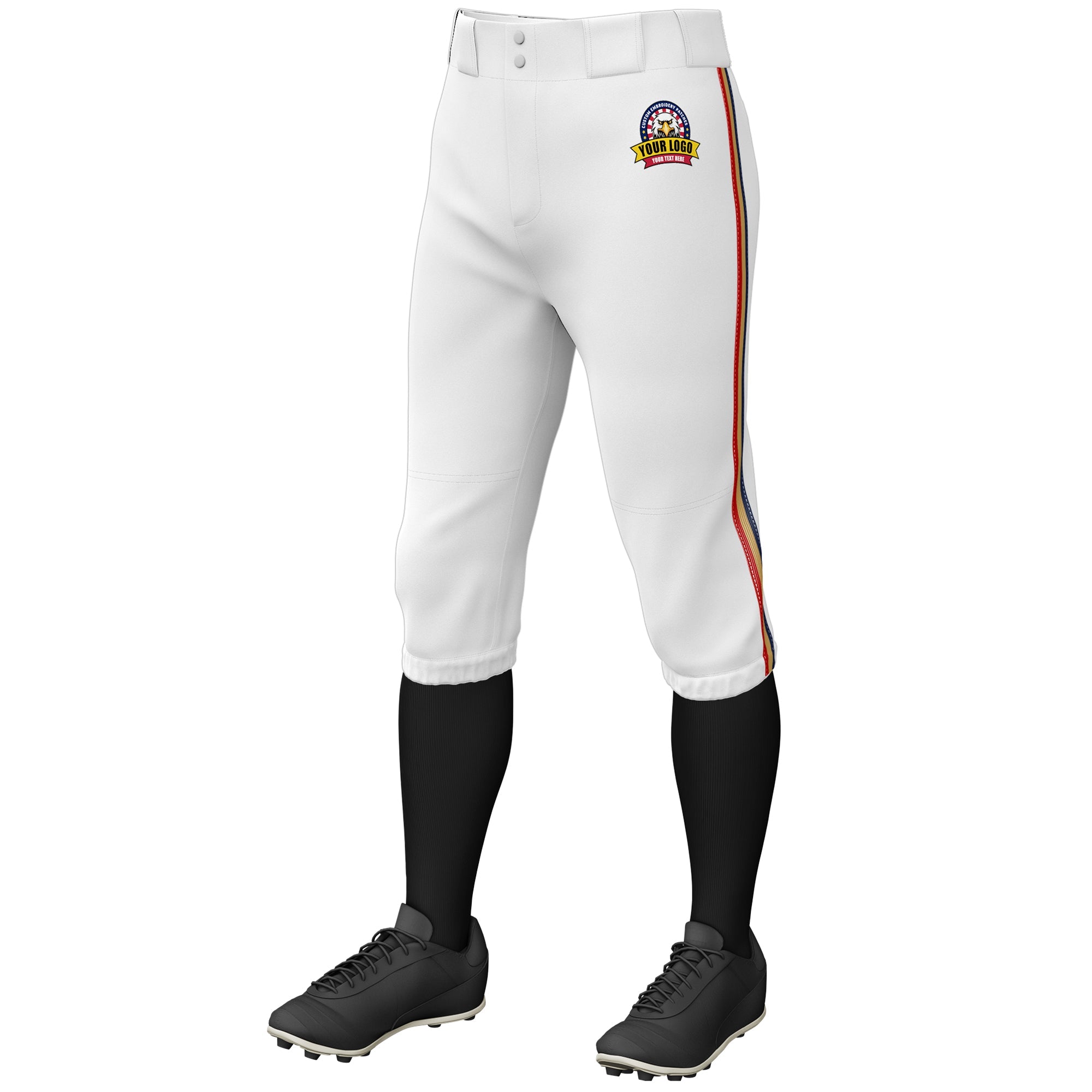 Custom White Navy Old Gold-Red Classic Fit Stretch Practice Knickers Baseball Pants