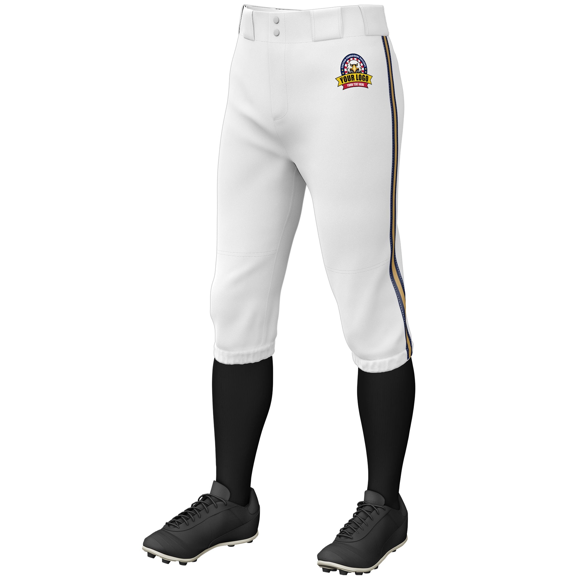 Custom White Navy Old Gold-Navy Classic Fit Stretch Practice Knickers Baseball Pants
