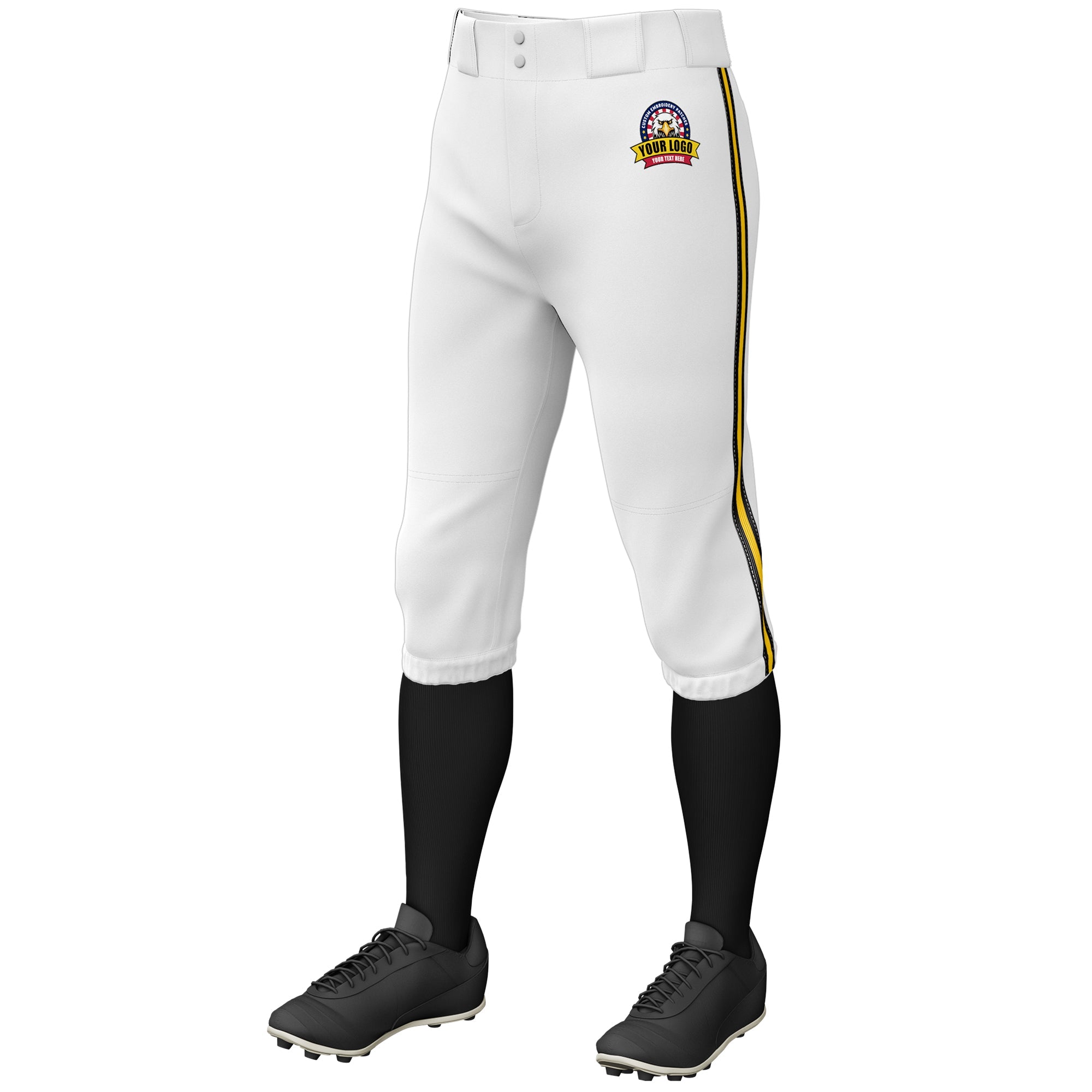 Custom White Black Gold-Black Classic Fit Stretch Practice Knickers Baseball Pants
