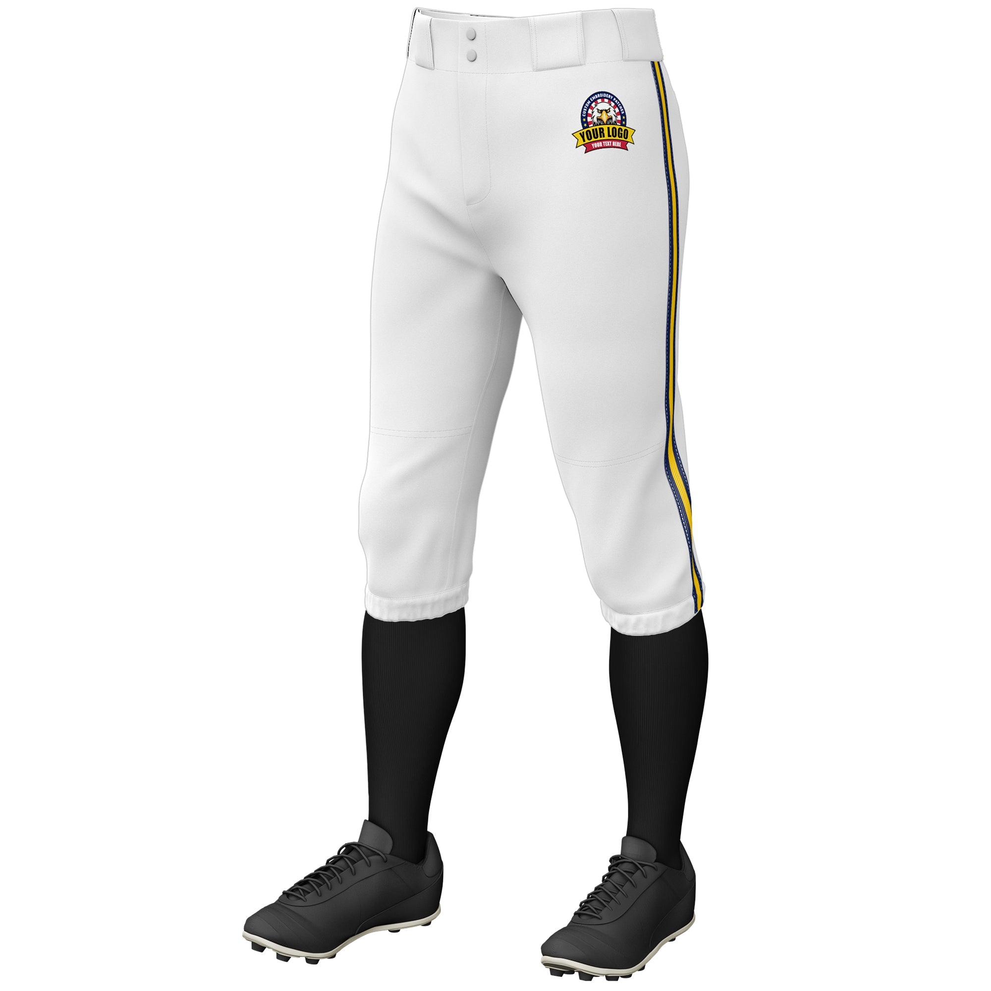 Custom White Navy Gold-Navy Classic Fit Stretch Practice Knickers Baseball Pants