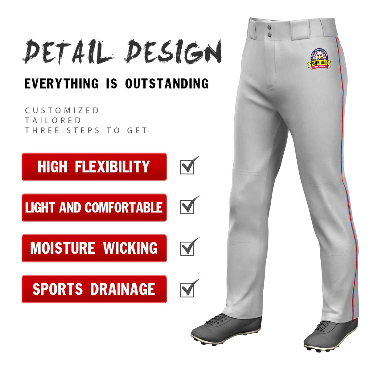 Custom Gray Light Blue-Red Classic Fit Stretch Practice Loose-fit Baseball Pants