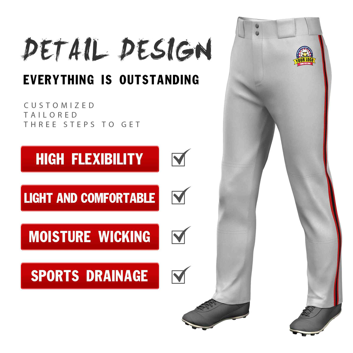Custom Gray Red Black-Red Classic Fit Stretch Practice Loose-fit Baseball Pants