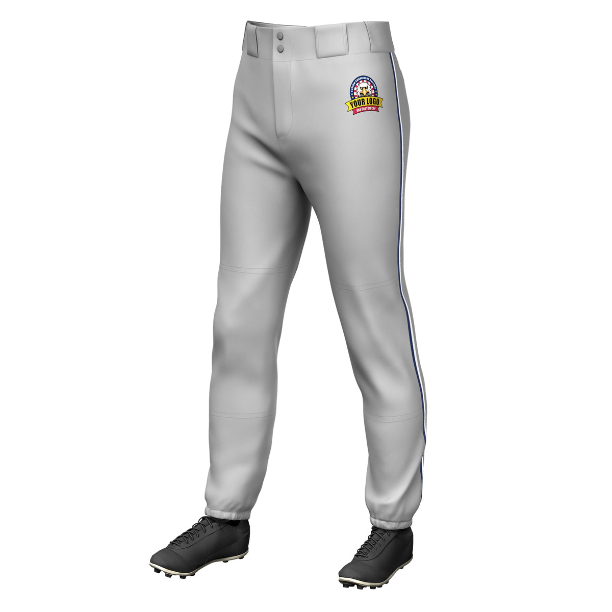 Custom Gray Navy-White Classic Fit Stretch Practice Pull-up Baseball Pants