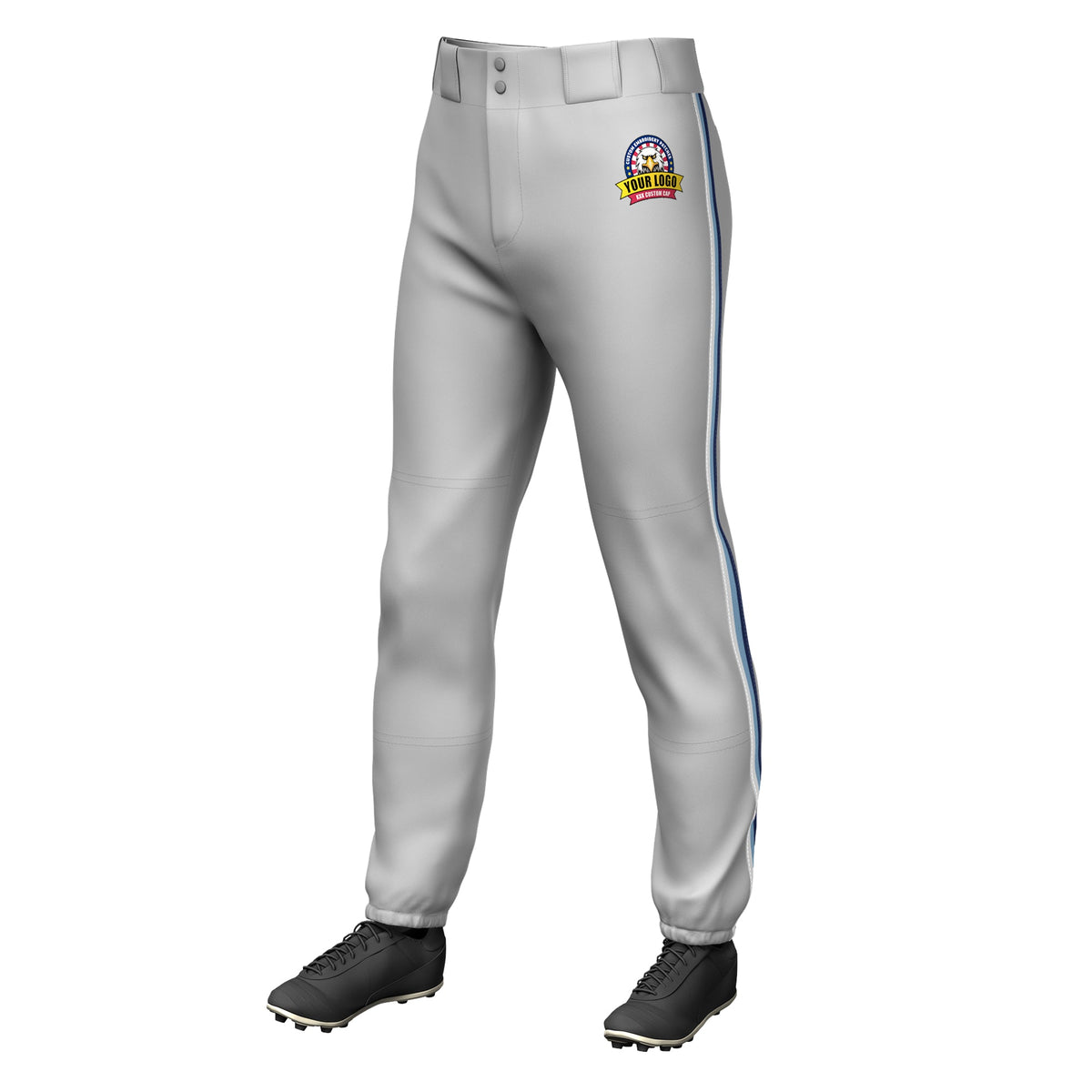 Custom Gray White Light Blue-Navy Classic Fit Stretch Practice Pull-up Baseball Pants