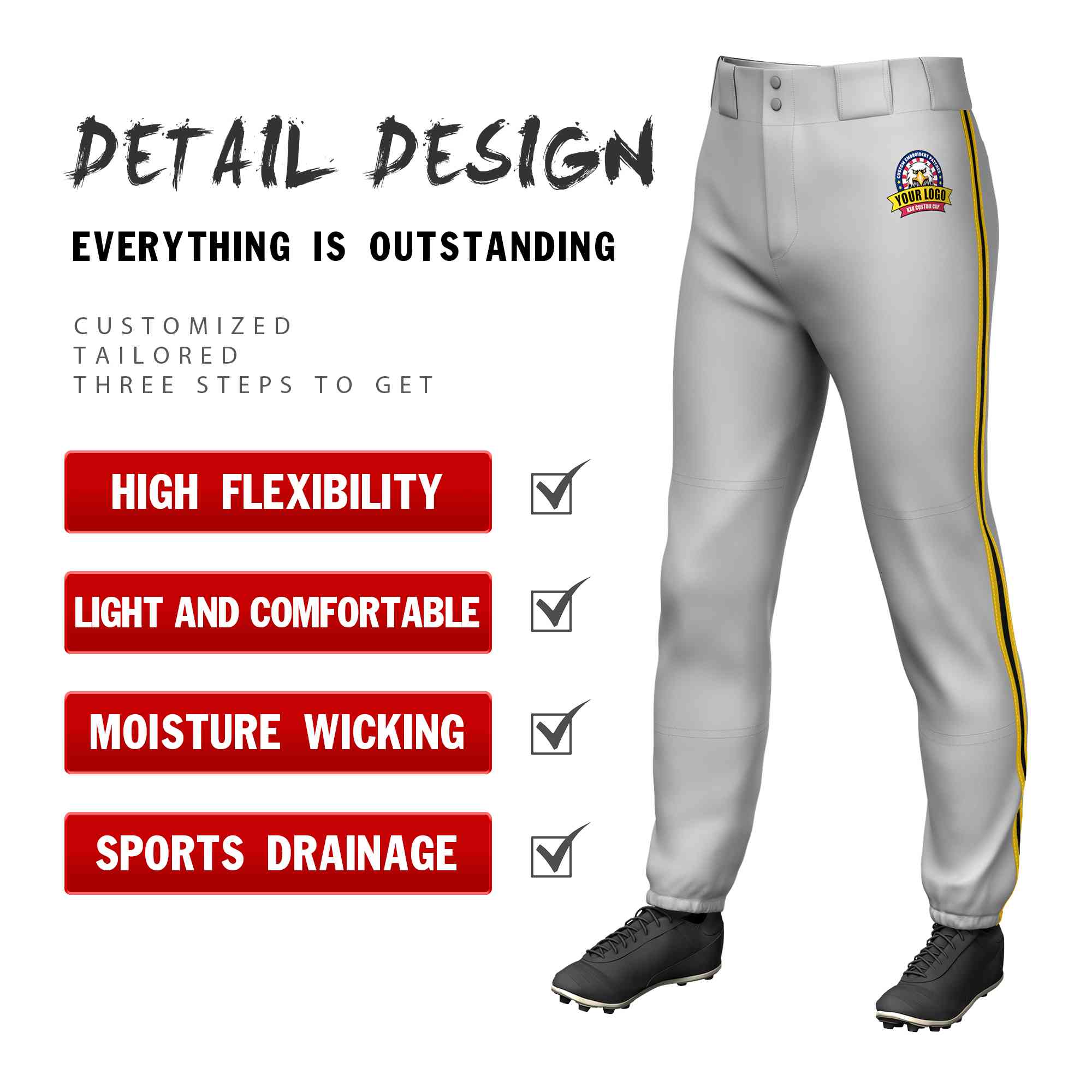 Custom Gray Gold Black-Gold Classic Fit Stretch Practice Pull-up Baseball Pants