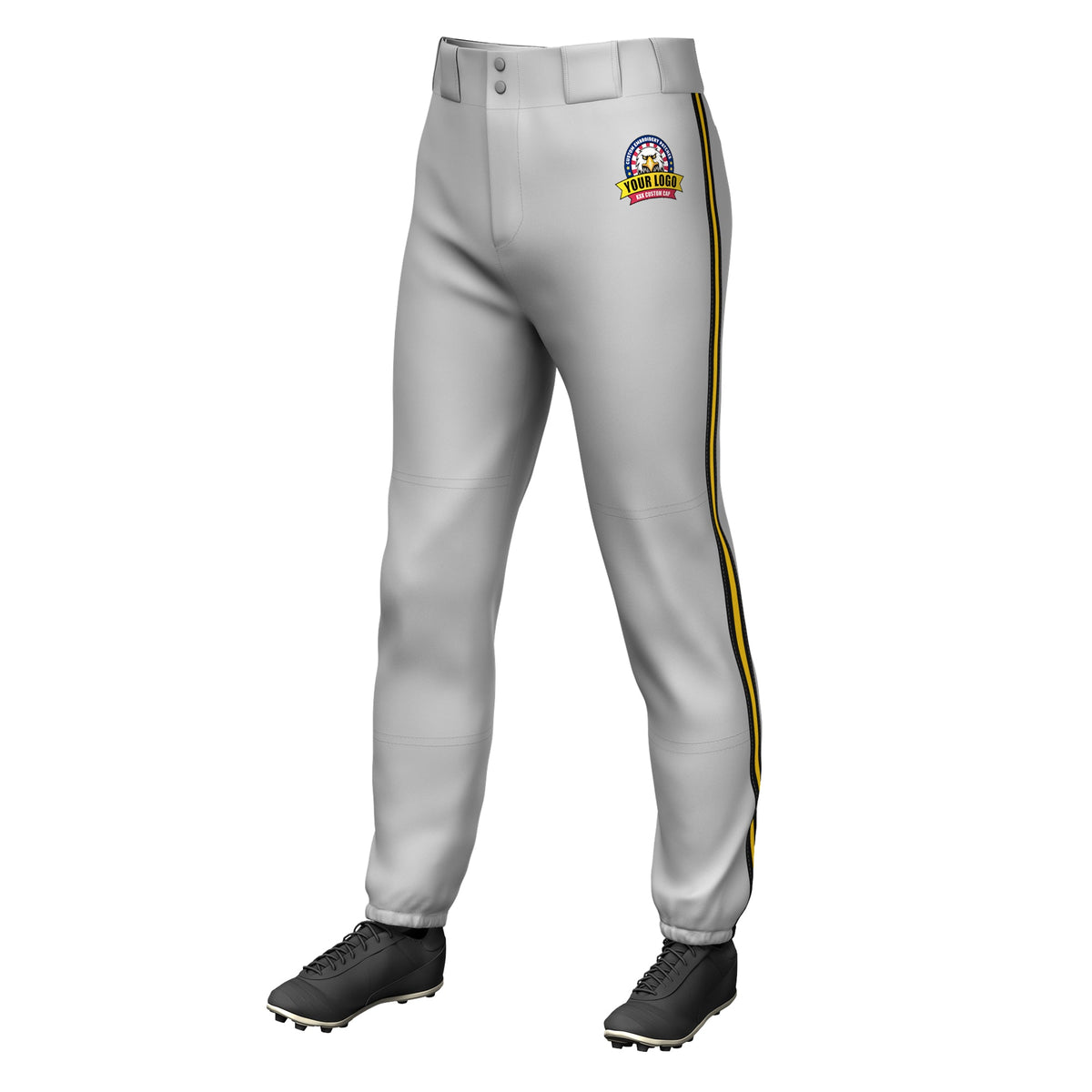 Custom Gray Black Gold-Black Classic Fit Stretch Practice Pull-up Baseball Pants