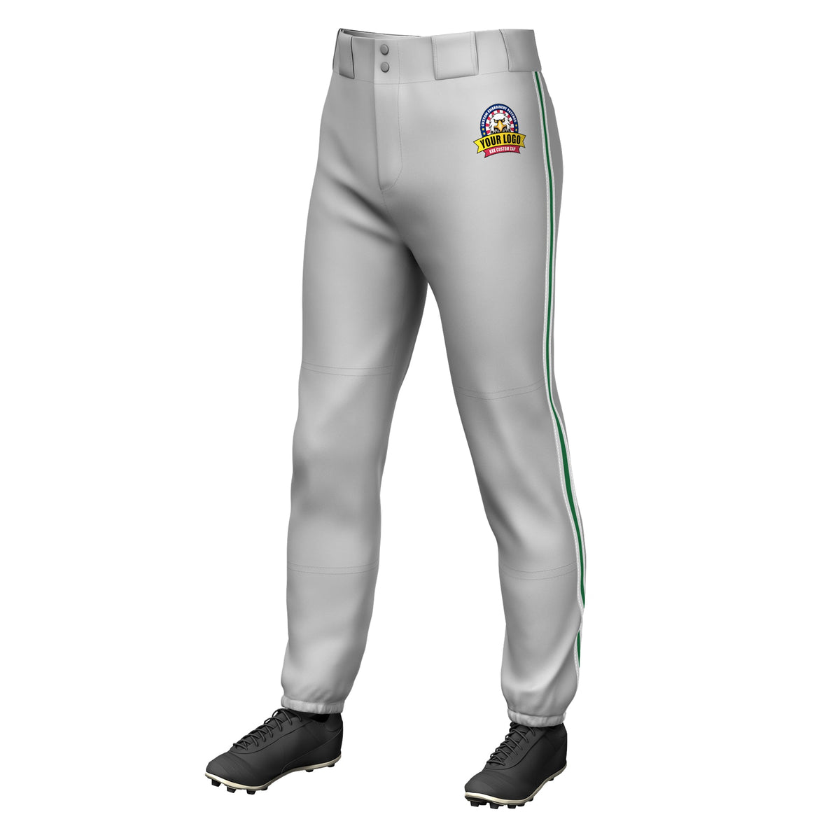 Custom Gray White Kelly Green-White Classic Fit Stretch Practice Pull-up Baseball Pants