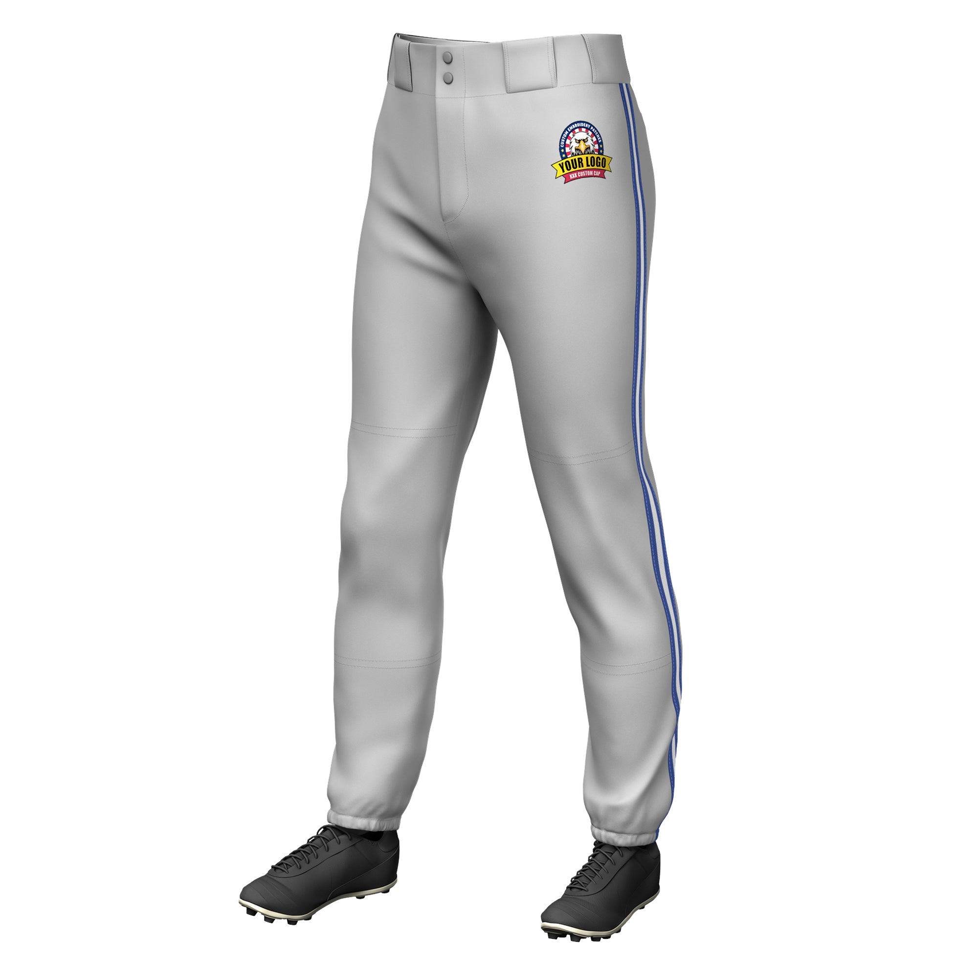 Custom Gray Royal White-Royal Classic Fit Stretch Practice Pull-up Baseball Pants