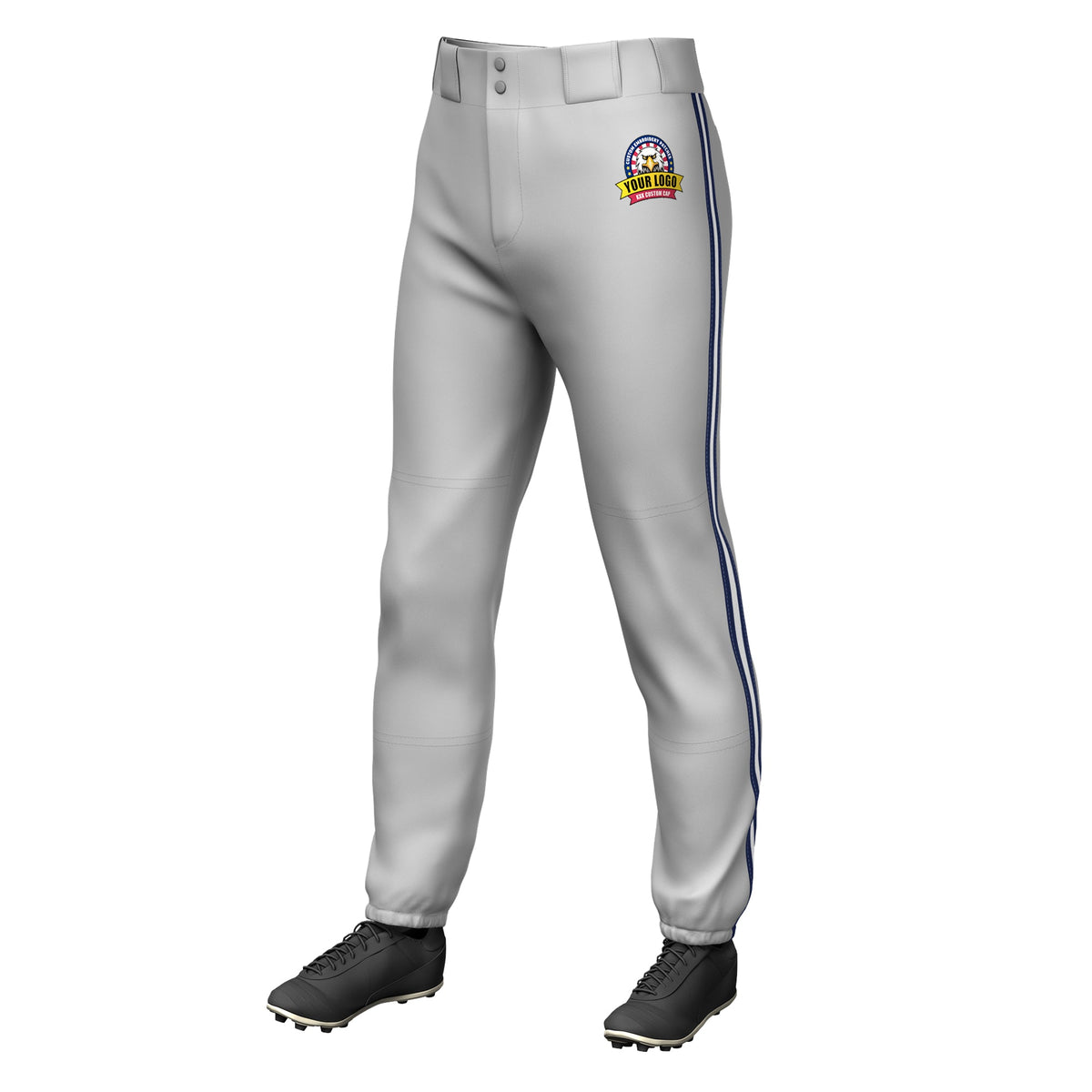 Custom Gray Navy White-Navy Classic Fit Stretch Practice Pull-up Baseball Pants