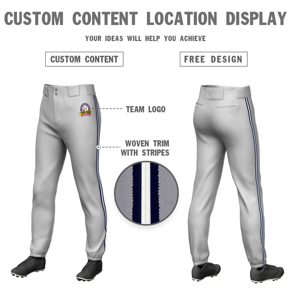 Custom Gray Navy White-Navy Classic Fit Stretch Practice Pull-up Baseball Pants