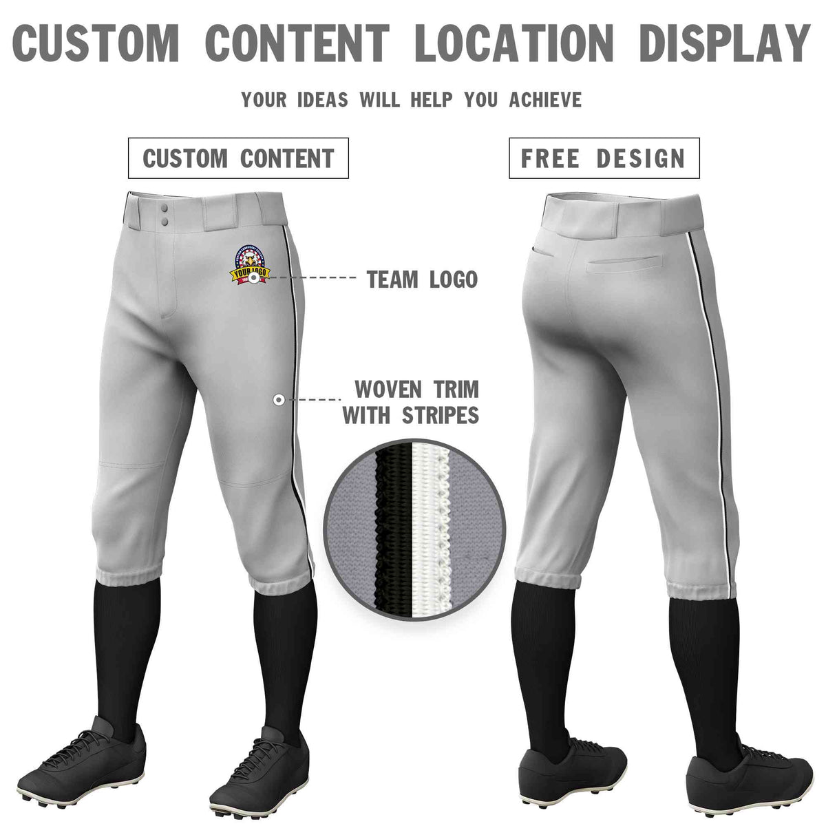 Custom Gray Black-White Classic Fit Stretch Practice Knickers Baseball Pants