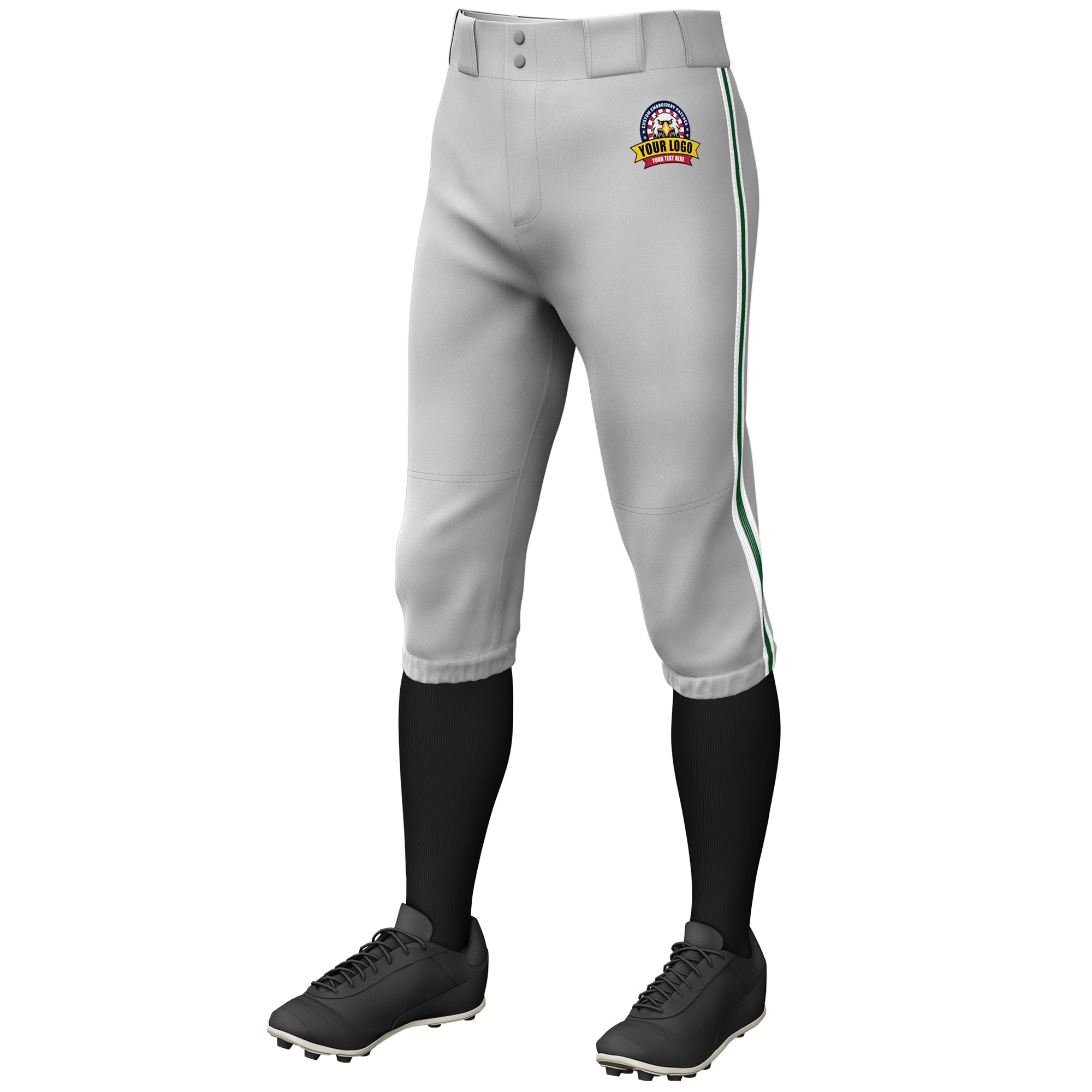 Custom Gray White Green-White Classic Fit Stretch Practice Knickers Baseball Pants
